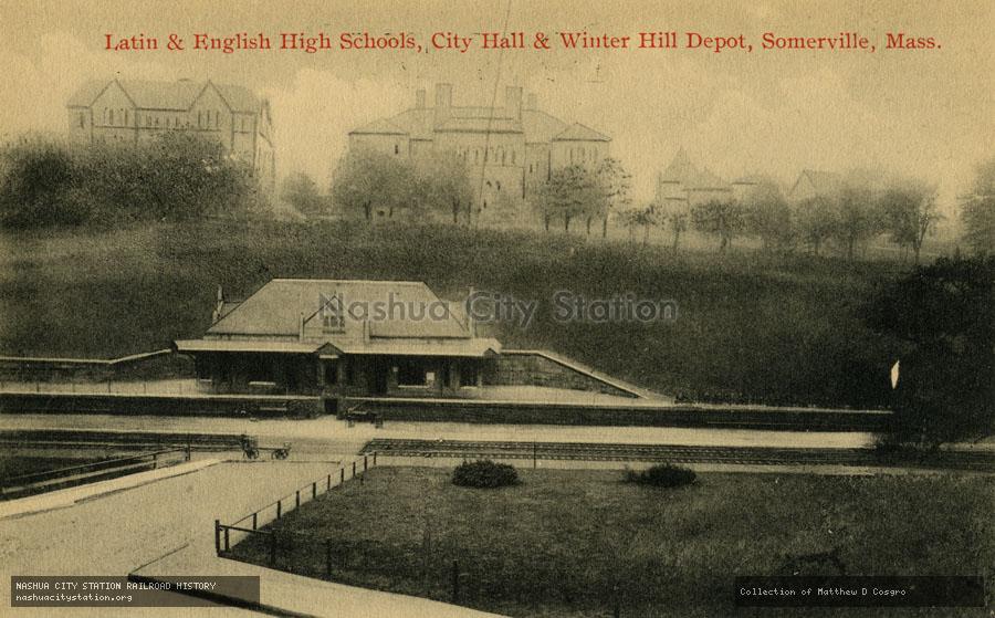 Postcard: Latin and English High Schools, City Hall and Winter Hill Depot, Somerville, Massachusetts